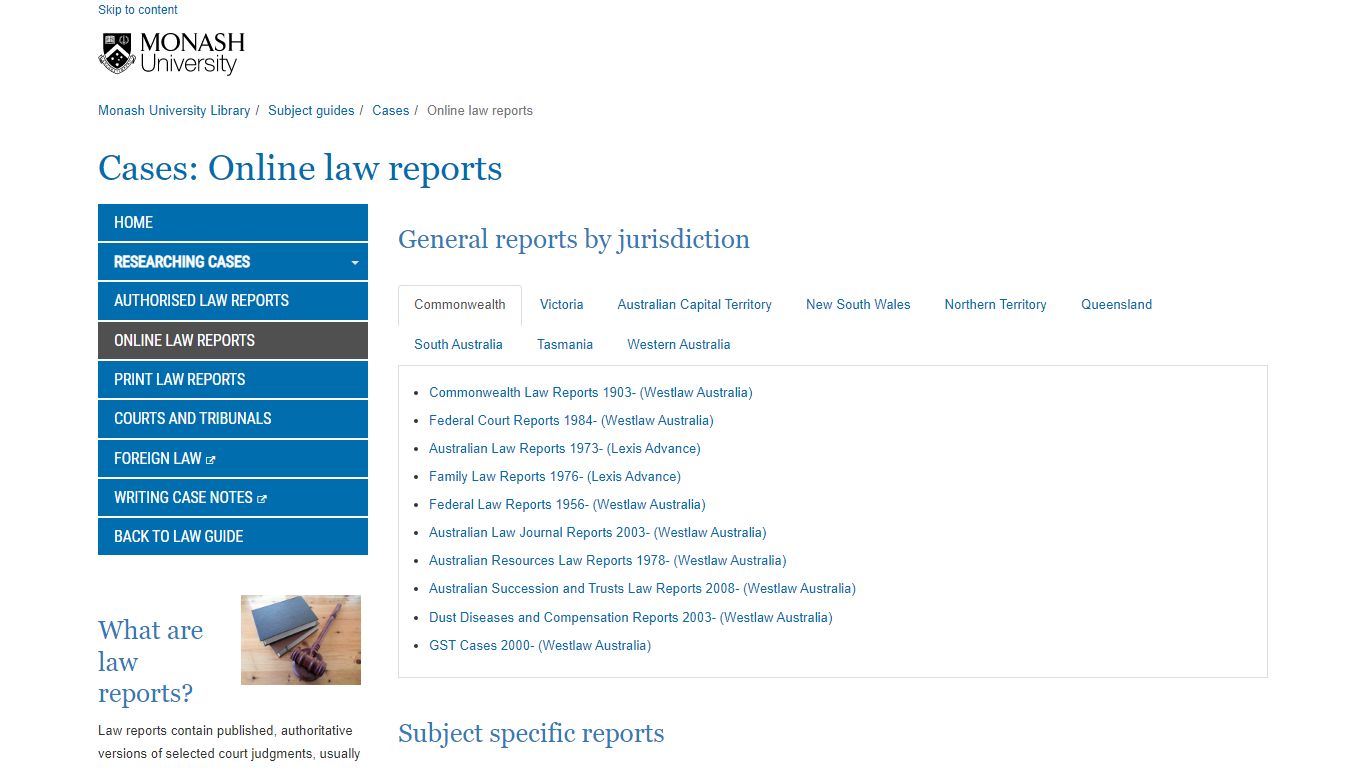 Online law reports - Cases - Subject guides at Monash University